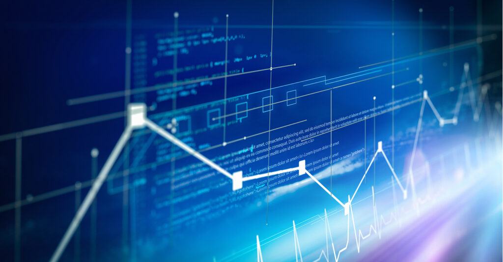 Digital data visualization showing clinical trial supply chain analytics with graphs and network connections representing UAT testing, forecasting accuracy, and decentralized trial logistics management